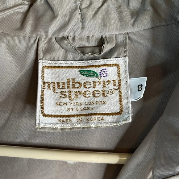VINTAGE Mulberry Street Tan Nylon Long Trench Coat Hood Pockets Puff Shoulder 8 - Picture 10 of 15